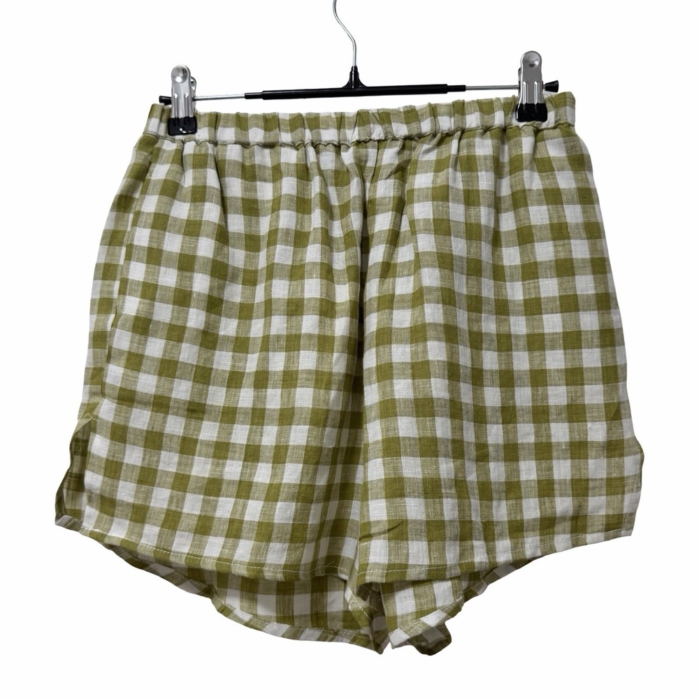 Vitamin A Womens 100% Linen Gingham Shorts Size XS Green White Swim Coverup NEW